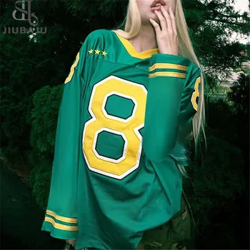 Letter Print Green Short Sleeve Casual Loose Football Jersey T Shirt Women Contrast Patchwork V Neck Stripe Summer Long Tees