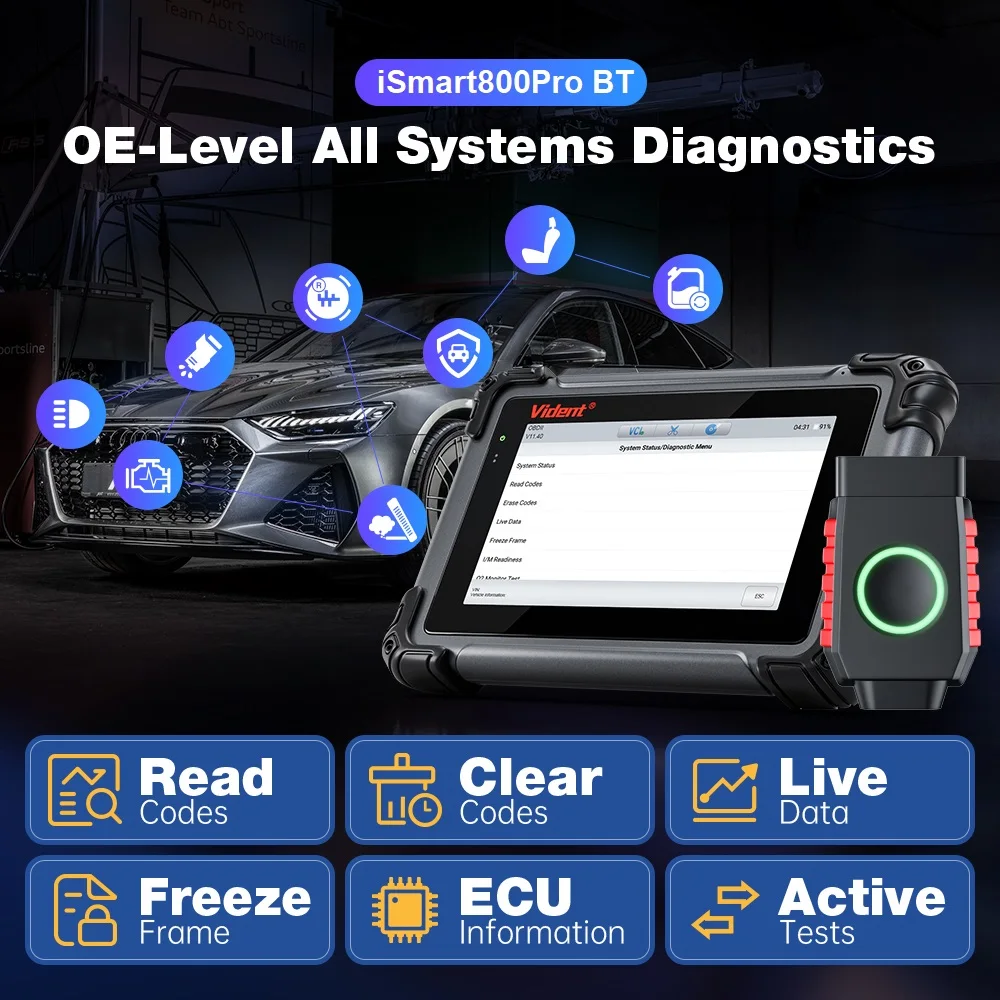 Vident ISmart800 Pro BT All System Diagnostic Tool Code Reader with 40+ Reset Functions Key Programmer Auto VIN Active Test