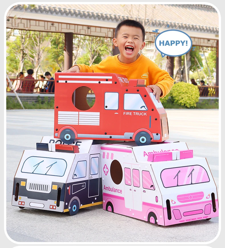 Kids Wearable 3D Cardboard Vehicle Model Cosplay Toys Children Assemble DIY Handmade Paper Box Performance Carton Play House Toy