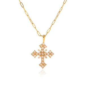 MW New Vintage Christian Cross Pendant Necklace Inlaid Zircons 18K Gold Plated Stainless Steel Waterproof Women Gift