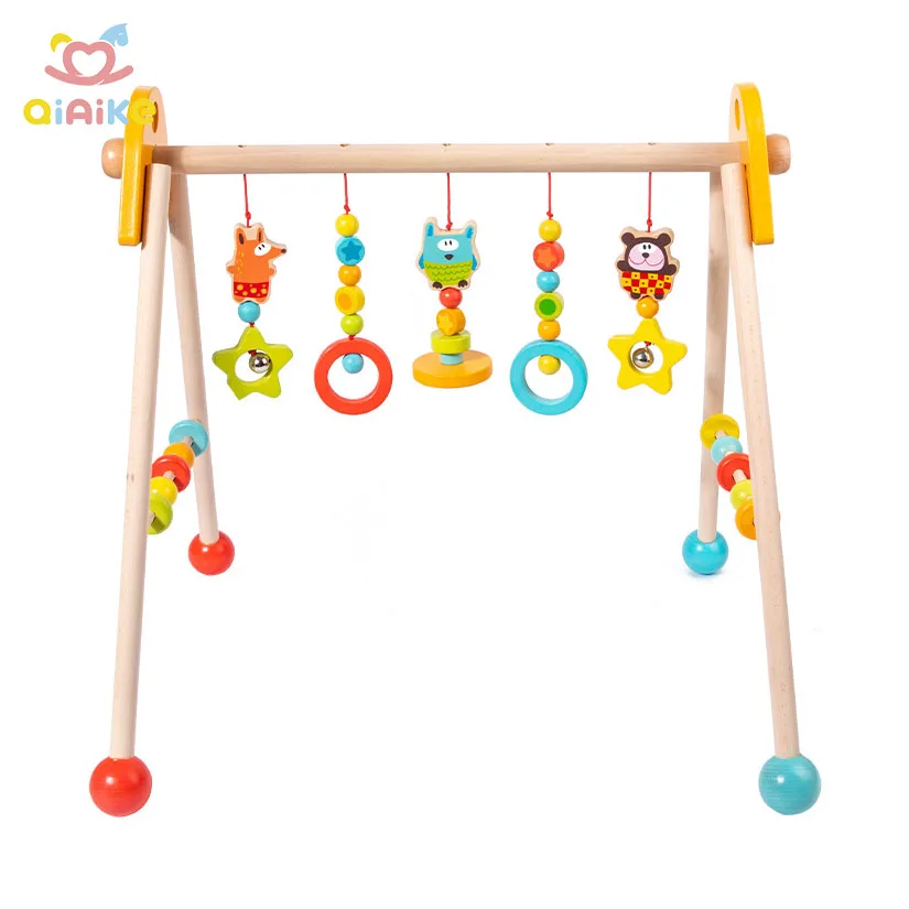 Wooden Foldable Baby Play Gym Natural Frame Bar Infant Activity Gym Hanging Toys Baby Gym for 0-3-6-12 Months