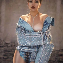 Denim Jacket Sparkly Rhinestones Pearl Beads Loose Blue Cowboy Coat Hip Hop Dancer DJ Singer Stage Wear Nightclub Dance Costume