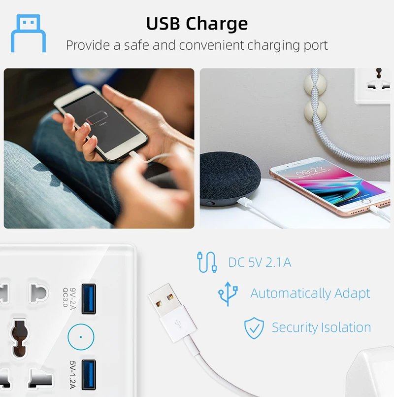 Tuya WiFi Smart Socket Switch Universal Plug for EU UK Quick Charge 3.0 B Port 16A Wall Socket 2 Compatible Alexa Google Home