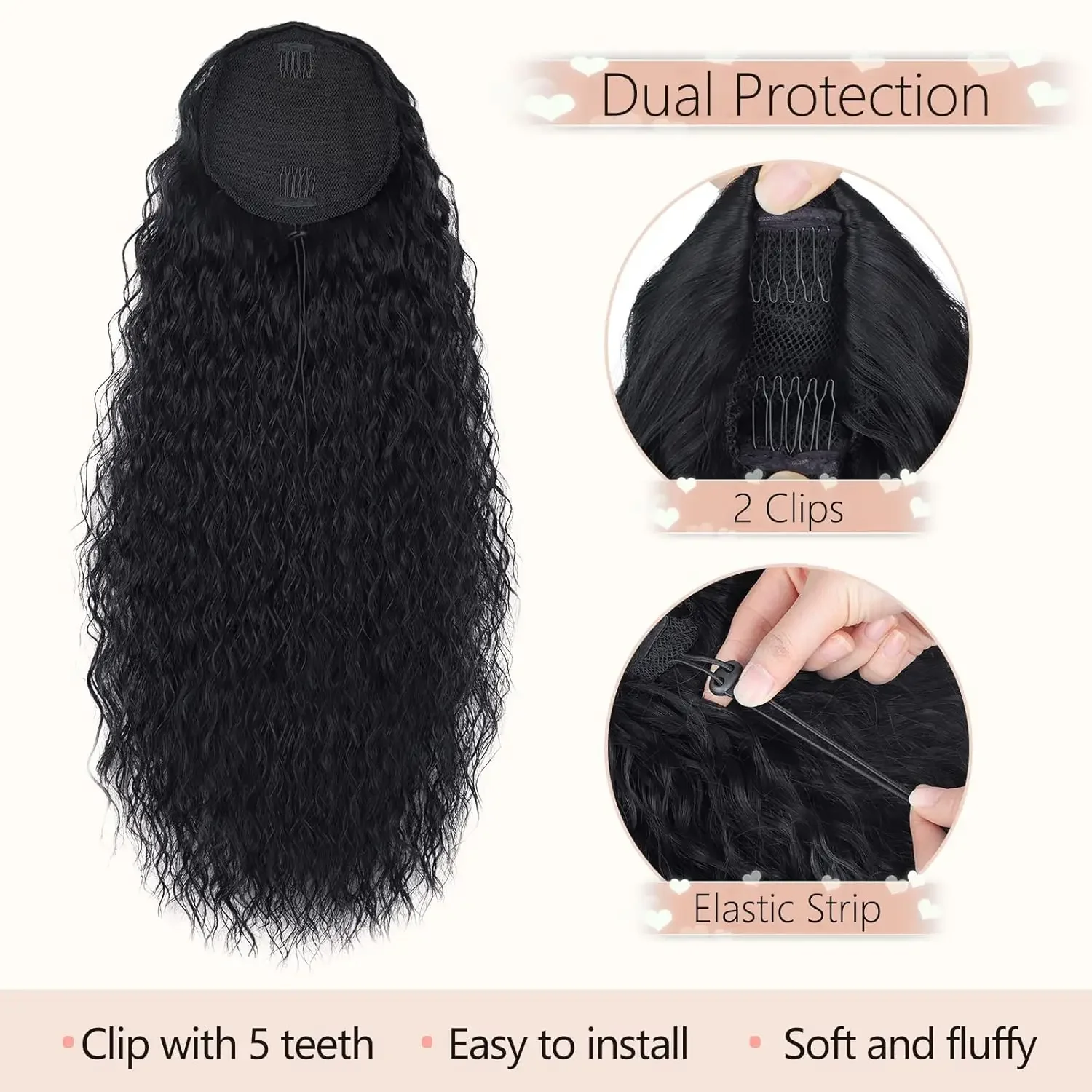 Brazilian Kinky Straight Drawstring Ponytail Natural Black 100% Human Hair Clip in Extensions for Women_voghion.com