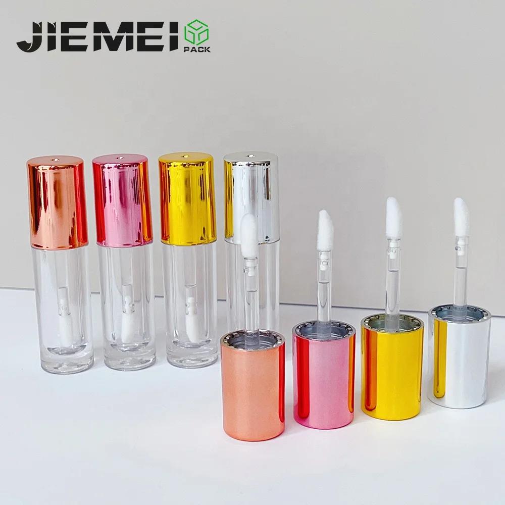 JIE MEI Stock New Mini 3ML Metallic Gold Silver Rose Pink Lid Lip Gloss Bottle Wholesale Lip Tint Lipgloss Wand Tube Container