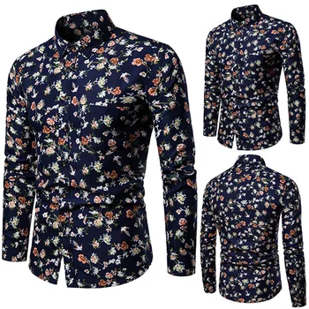 2021 Long Sleeve Personalized Slim Mercerized Color Ink Painting Shirt Long Sleeve Shirt Blusas Men's Floral Shirt