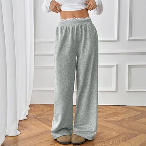 Women's Plus Size Wide Leg Sweatpants Baggy Elastic Waist Eyelet Lace Trim Sweat Pants with Pocket Trousers