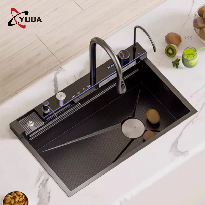 Smart Digital Display Double Kitchen Sink 304 Washing Fruit Vegetable Handmade Kitchen Sink With Cup Washer