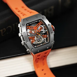 For TSAR BOMBA Skeleton Dial Men's Automatic Mechanical Wrist Watch Carbon Fiber Case Silicone Band Water Resistant Tonneau