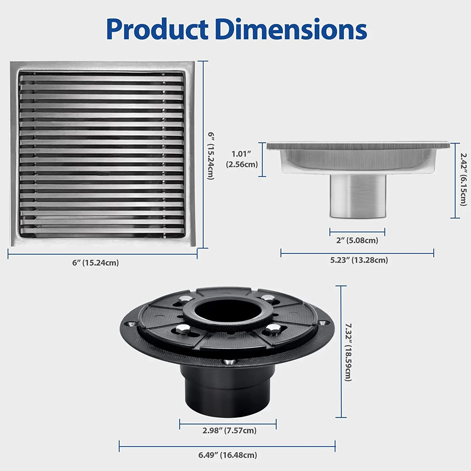 6英寸方形淋浴排水管带排水底座AISI 304拉丝不锈钢棒炉排地漏可拆卸插件