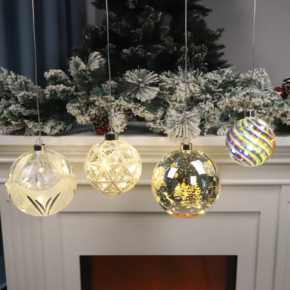 Battery Operated Hanging Lights Christmas Glass Ball with LED Light Up