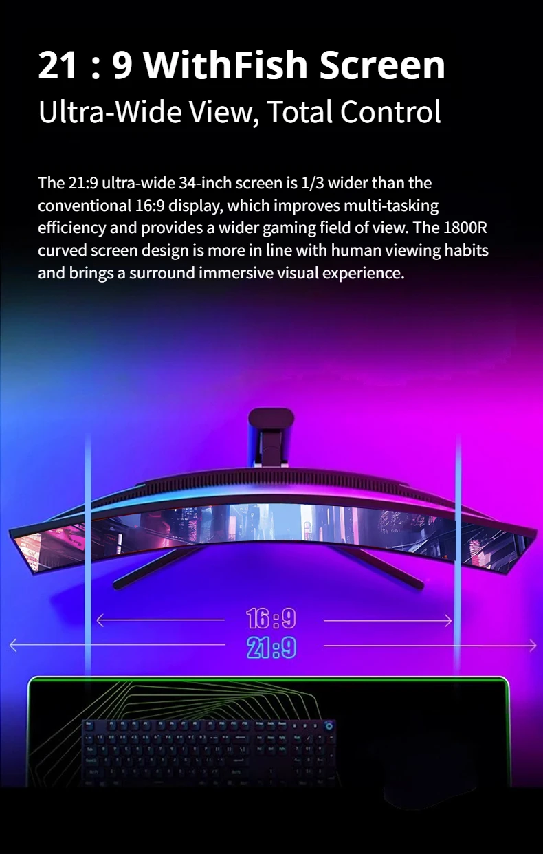 240hz 34 Inch 4k Curved Gaming Monitor - Frameless Design