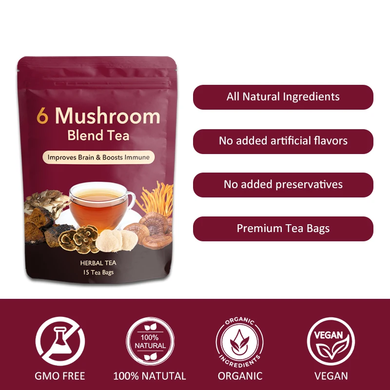 Custom 6 Mushrooms Nutrition Supply Natural Caffeine Free Organic