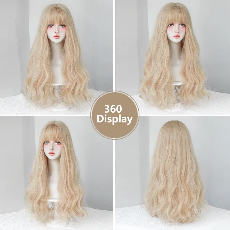 Perruque Synthétique Blonde Longue Avec Frange Et Boucles - Résistante à La Chaleur - Cadeau Inclus