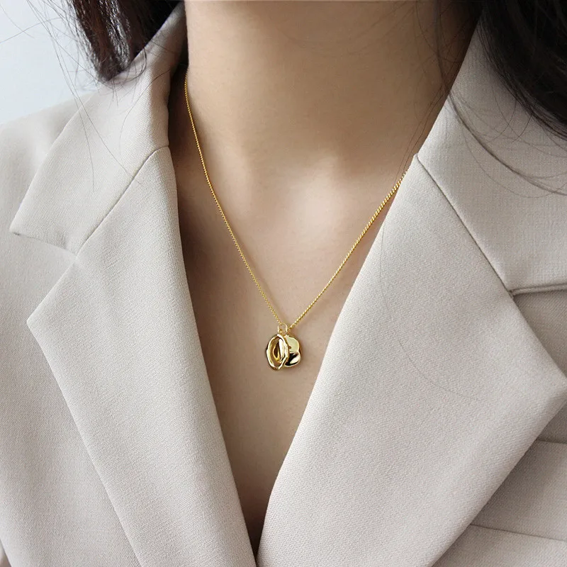 925 Sterling Silver Irregular Circle Pendant Necklace Long Sweater Chain Elegant Women Friendship Jewelry