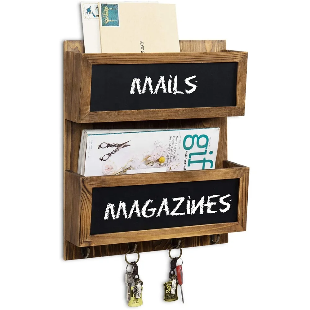 Wall-Mounted Torched Wood Mail Holder Organizer with 4 Key Hooks & Chalkboard 