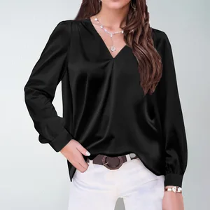 2025 Women's Satin Pleated Long Sleeved V-neck Casual Loose Top