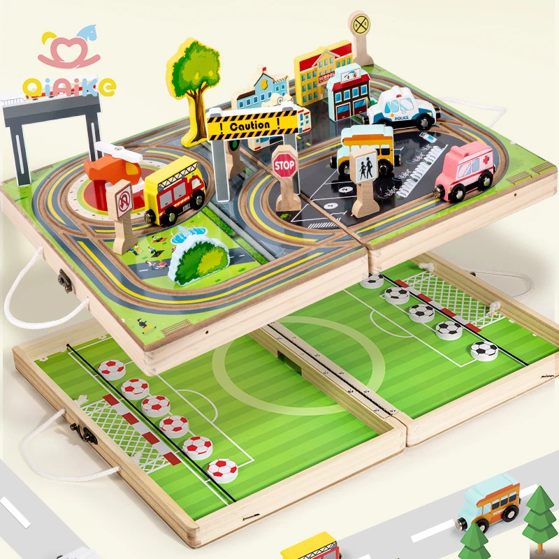 携帯用2-in-1両面テーブルトップゲームセット 高速スリングパック&トレイン ウッド製教育ボードゲーム 子供向け 旅行用