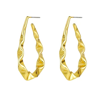 Wholesale Custom Brass Jewelry 18K Gold Plated irregular Pleated Twisted Oval Shaped Big Hoop Fashion Earrings For Women