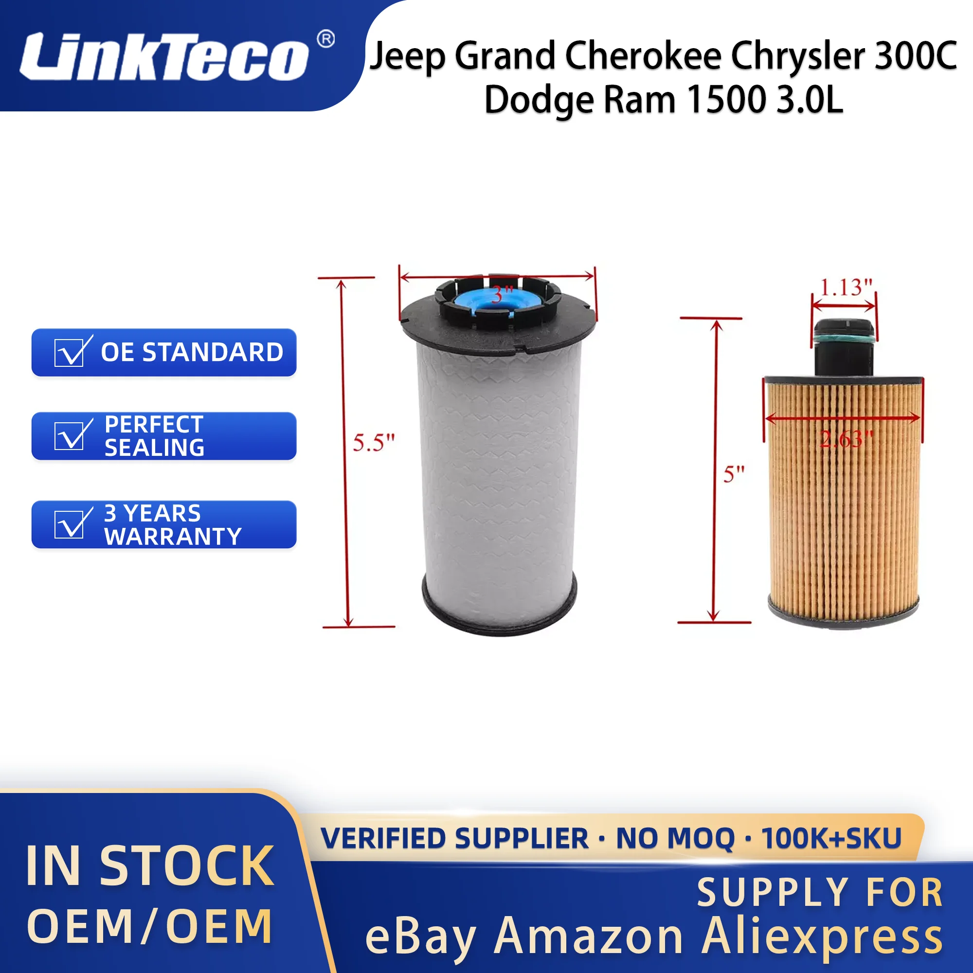 Linkteco Oil and Fuel Filter Kit for Jeep Grand Cherokee Chrysler 300C Dodge Ram 1500 3.0L Eco-Diesel 2011-2018 68229402AA