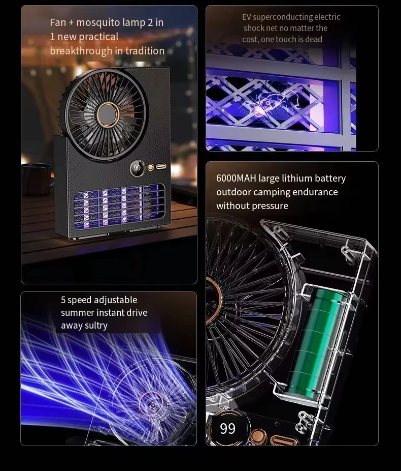 Rechargeable Mosquito Killer Lamp Fan Household Electric Mosquito Killer Lamp Outdoor Camping USB Desktop Large Capacity Fan