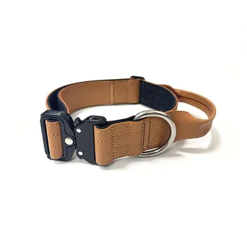 Custom Tactical Luxury Leather Dog Collar With Handle and Metal Buckle