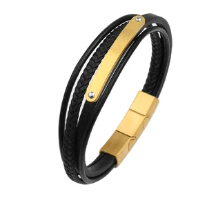 Tizti Jewelry Pulseras De Hombre Magnetic Clasp Multi Layer Leather Stainless Steel Chain Braided Black Flat Leather Bracelet