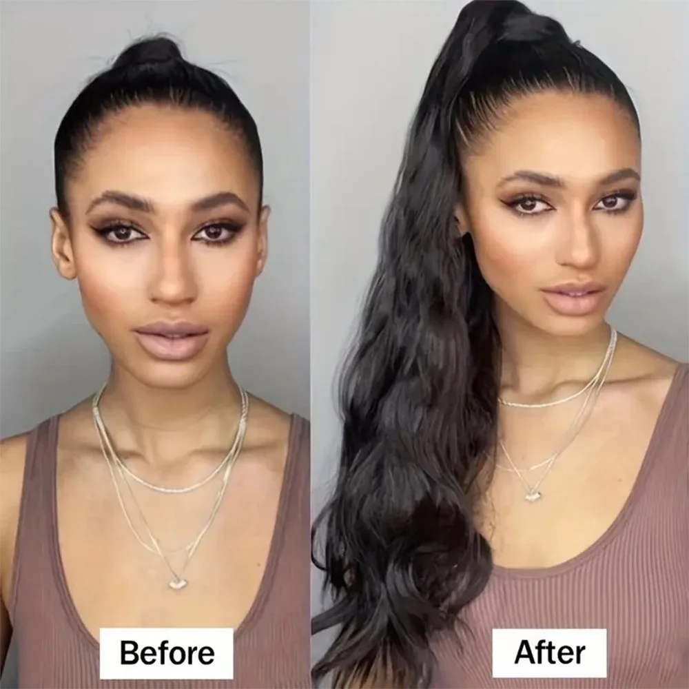 Extensii de păr cu clips și șnur, ondulate, cu coadă de cal, 100% păr uman natural, pentru femei de culoare_voghion.com