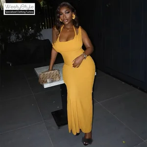 Summer New Fashion Sleeveless Halter Neck Bodycon Women European American Style Cross-Border Solid Floor-Length Natural Waist