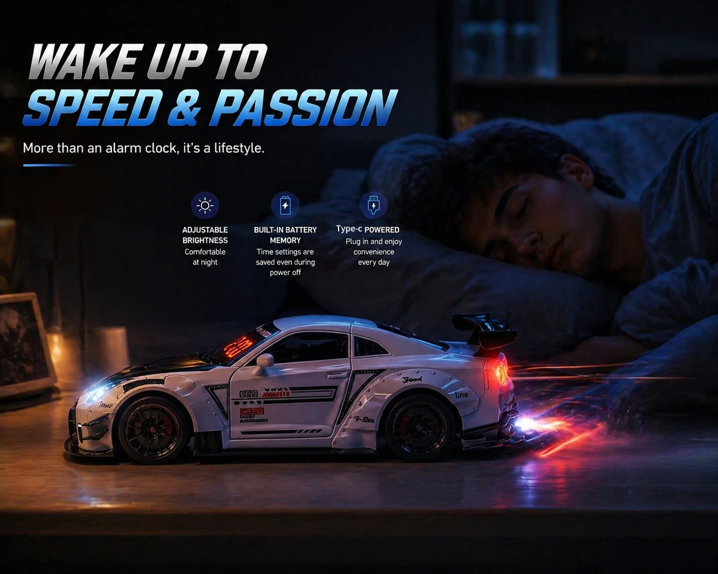 Alarm Clock White/Black Realistic Engine and Light Effects Home Daily Use for Hypercar Alloy Spray Version