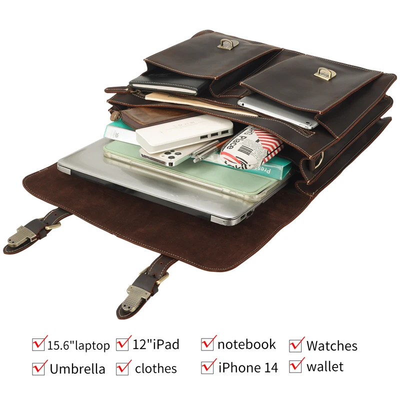 Custom Logo Retro Vintage Men Large Capacity Crazy Horse Genuine Cow Leather 17 Inch Laptop Bag Briefcase for Men