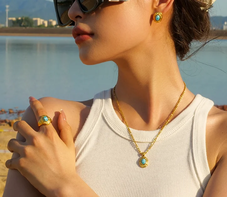 New Design Hammer Pattern Earrings Necklaces Rings Set Jewelry 18k Gold