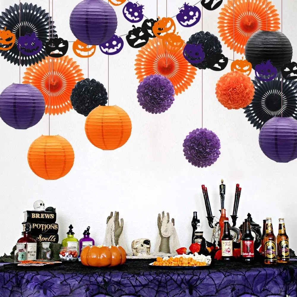 Halloween Pumpkin Orange Paper 16" Hanging Fan Party Decoration 