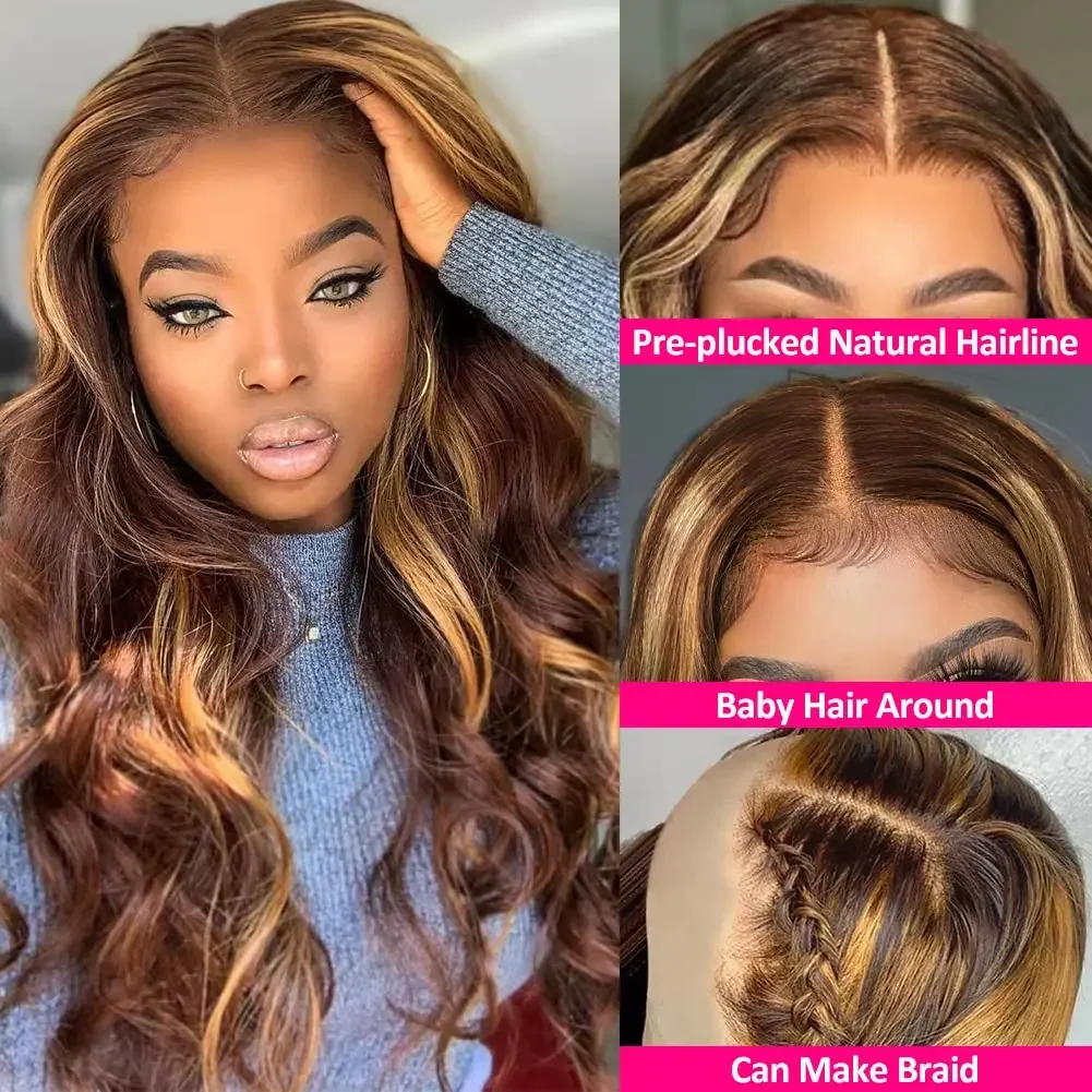 Perruque Lace Front Wig Body Wave en cheveux humains avec reflets ombrés, sans colle, blond miel_voghion.com