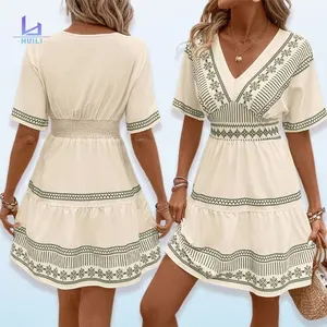 Huili Manufacturer Oem 2025 Summer Holiday v Neck Short Sleeve Polynesian Designer Print Linen Hawaiian Custom Dresses