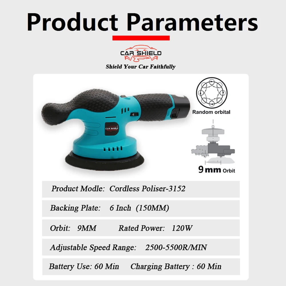 Автомобильная шлифовальная машина 6 дюймов 9 мм беспроводная полировальная двойного