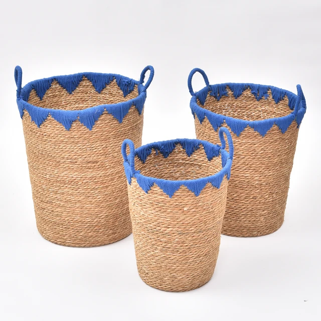 Cotton rope and cattail storage basket for dirty clothes, hand woven multi-purpose storage basket