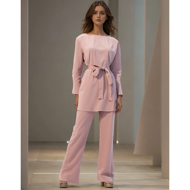 Custom Ladies' Two Piece Set Spring Autumn Solid Color Fashion Slacks Crepe 2 Piece Set Women Muslim