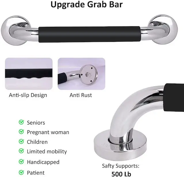 16 Inch Anti-Slip Shower Safety Handle – Stainless Steel Grab Bar, Holds 500LBs, For Elderly, Handicap, Pregnant – Bathroom & Stairs