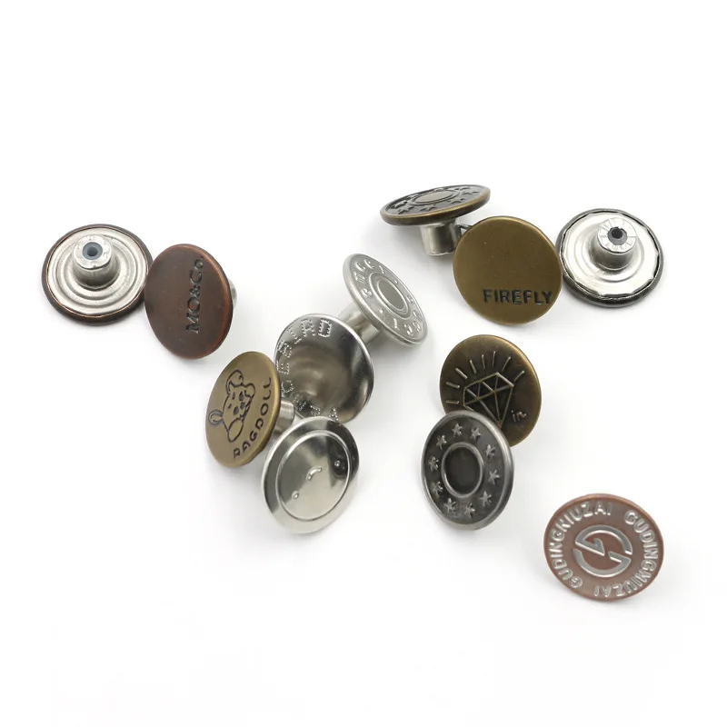 Custom Made Logo Embossed Metal Jeans Buttons High Quality Sustainable Plating Technique Available 10mm 20mm 17mm Decoration