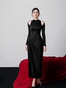 Bettergirl Elegant Hollow Out Pleated Round Neck Long Sleeve Black Long Dress Satin High Waist Elegant Party Dress