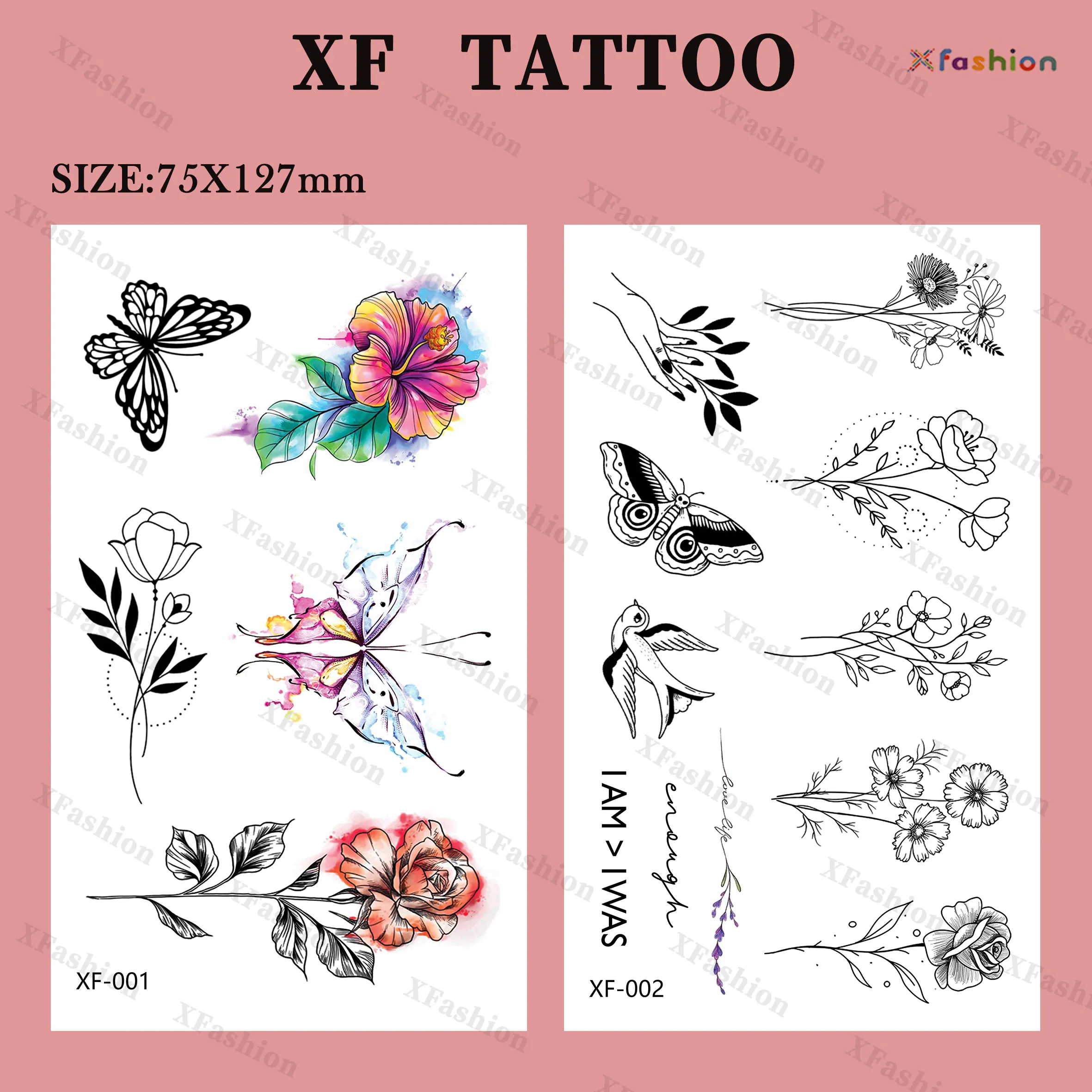 8 Sheets Tiny Tattoos Inspirational Words Realistic Temporary Tattoo Flower Floral Bouquet Stickers for Adult