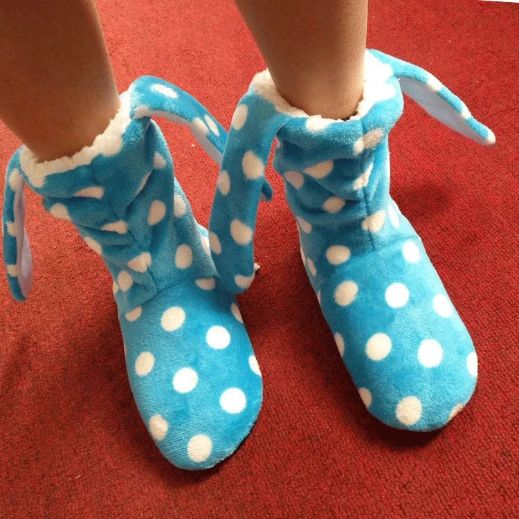 Новинка, домашние сапоги из ПВХ с кроличьими ушками для взрослых, Нескользящие домашние теплые плюшевые сапоги в горошек, обувь для раннего развития