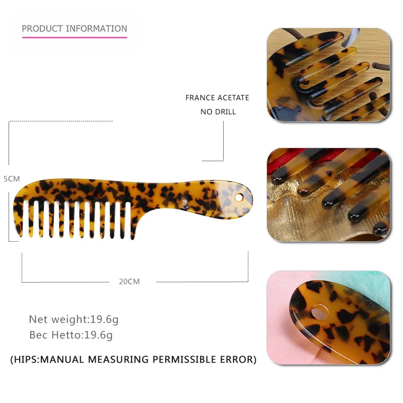 Custom 4mm Thick Large Cellulose Acetate Combs Detangle Long Hair Combs Detangling Wide Flat Tooth Comb for Women