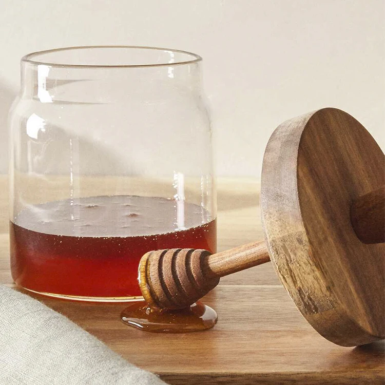 Pot à Miel En Verre Borosilicaté Avec Louche – Distributeur De Miel Transparent 500 Ml, Couvercle Rond, Idéal Déco Et Usage Quotidien