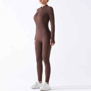 One Piece Bodysuit Half Zip Long Sleeved Slim Fit Jumpsuit Fitness Workout Sports Yoga Jumpsuit for Women