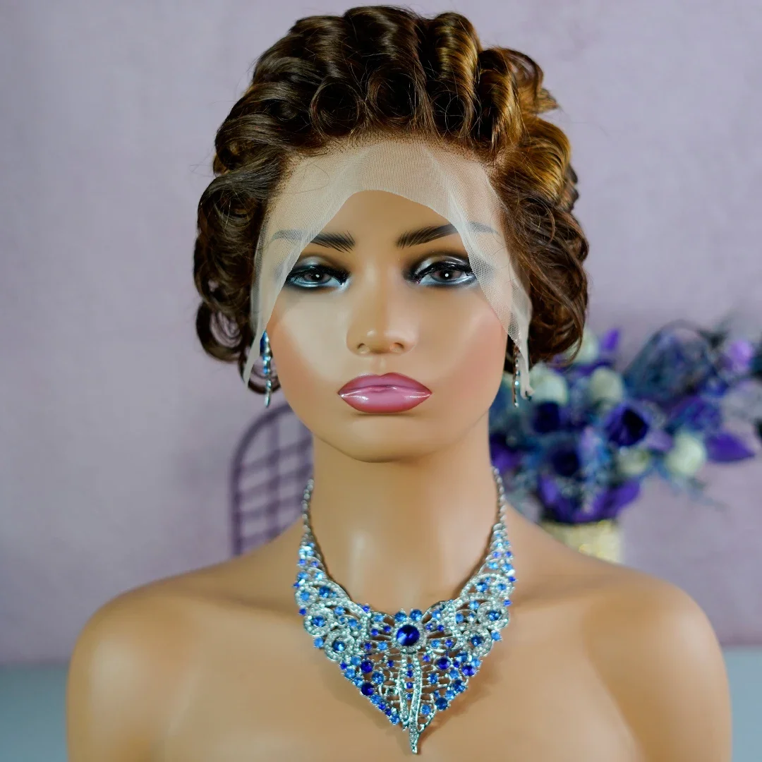 P4/30 Highlight Pixie Curly 13*4 Lace Frontal Human Hair Wig Indian Short Bob Wig_voghion.com