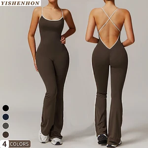 YISHENHON Custom Logo One Piece Gym Fitness Set for Women V-Shape Cross Back Yoga Jumpsuit High Flare Legging Breathable