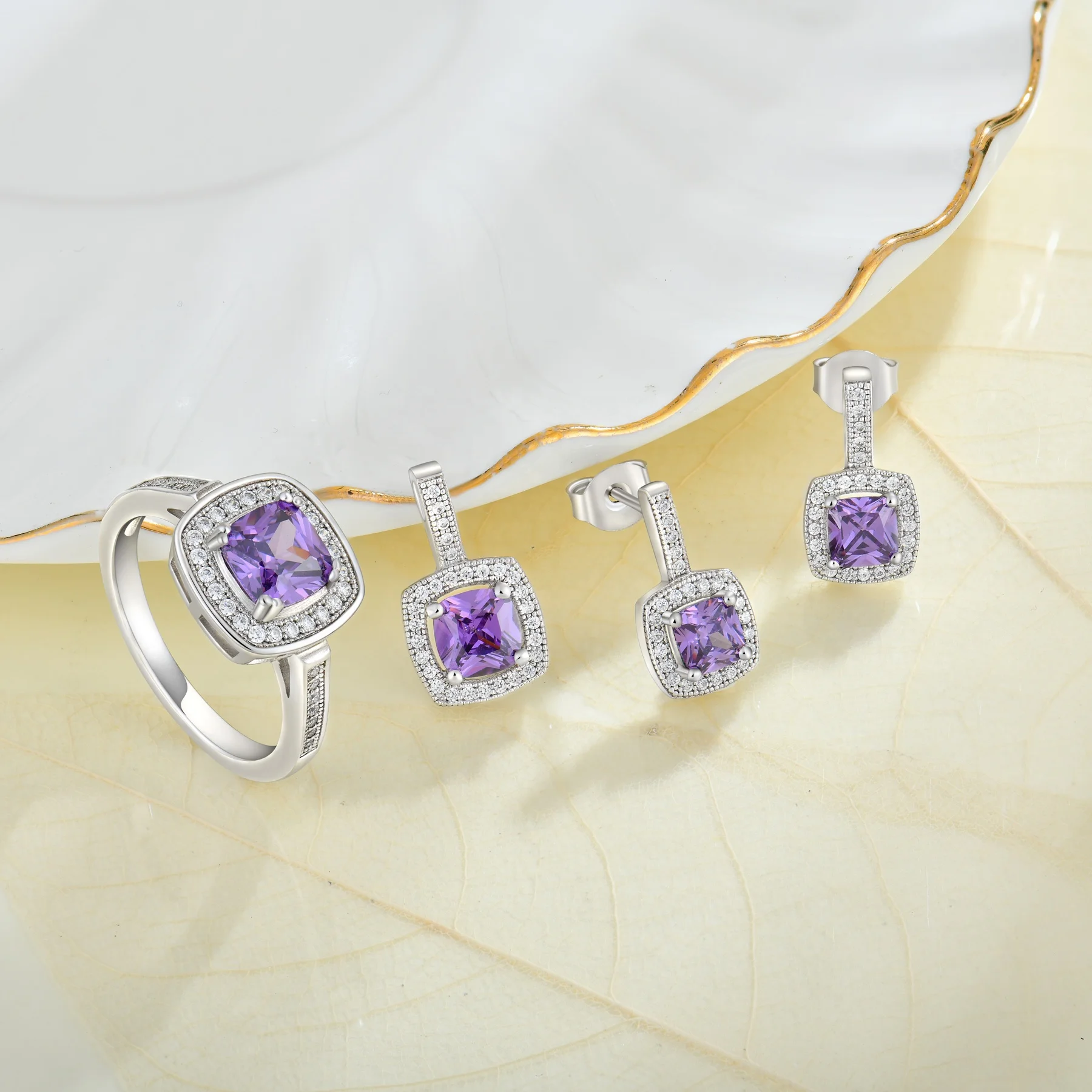 Qx Women Luxury 925 Silver Purple Earrings Ring Pendant 3 Piece Sets