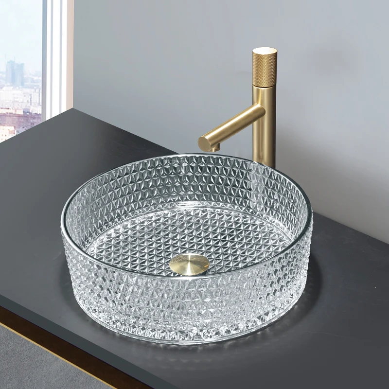 2023 Luxury Crystal Glass Sink Bathroom Round Colorful Diamond Vessel Art Tempered Glass Wash Basin